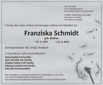 Traueranzeige von Franziska Schmidt von Ansbach