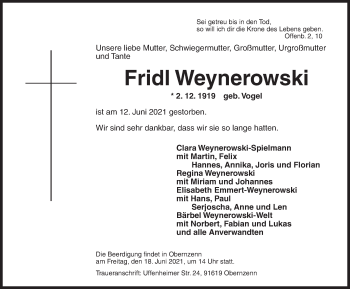 Traueranzeige von Fridl Weynerowski von Ansbach