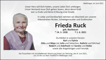 Traueranzeige von Frieda Ruck von Dinkelsbühl/ Feuchtwangen