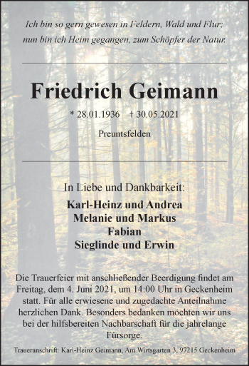 Traueranzeige von Friedrich Geimann von Rothenburg