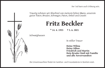 Traueranzeige von Fritz Beckler von Dinkelsbühl/ Feuchtwangen