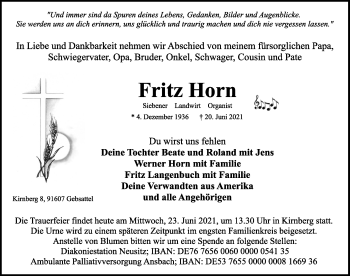 Traueranzeige von Fritz Horn von Ansbach