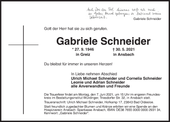 Traueranzeige von Gabriele Schneider von Ansbach