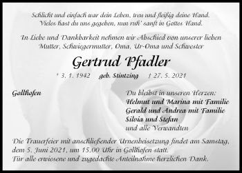 Traueranzeige von Gertrud Pfadler von Neustadt/ Scheinfeld/ Uffenheim