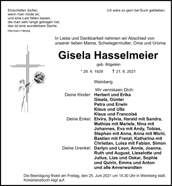 Traueranzeige von Gisela Hasselmeier von Dinkelsbühl/ Feuchtwangen