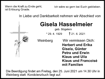 Traueranzeige von Gisela Hasselmeier von Ansbach