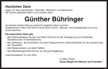 Traueranzeige von Günther Bühringer von Dinkelsbühl/ Feuchtwangen