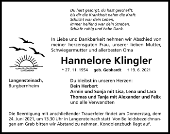 Traueranzeige von Hannelore Klingler von Neustadt/ Scheinfeld/ Uffenheim