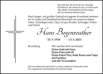 Traueranzeige von Hans Bogenreuther von Ansbach