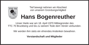 Traueranzeige von Hans Bogenreuther von Ansbach