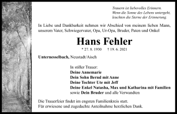 Traueranzeige von Hans Fehler von Neustadt/ Scheinfeld/ Uffenheim