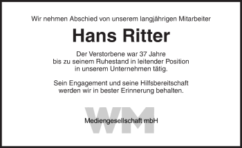 Traueranzeige von Hans Ritter von Ansbach