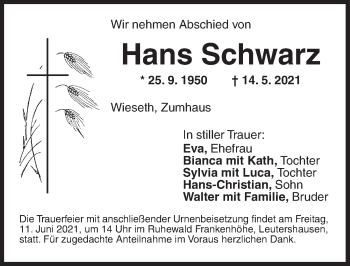 Traueranzeige von Hans Schwarz von Dinkelsbühl/ Feuchtwangen