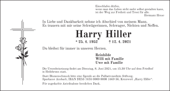 Traueranzeige von Harry Hiller von Ansbach