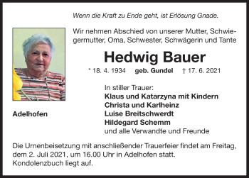 Traueranzeige von Hedwig Bauer von Neustadt/ Scheinfeld/ Uffenheim