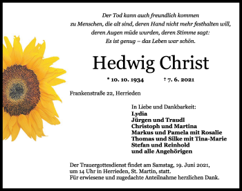 Traueranzeige von Hedwig Christ von Ansbach