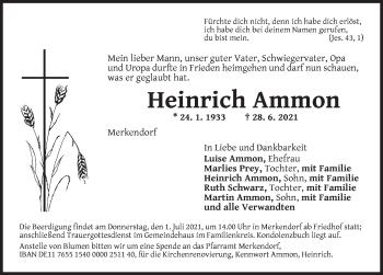 Traueranzeige von Heinrich Ammon von Fränkische Landeszeitung