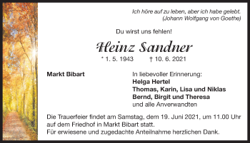 Traueranzeige von Heinz Sandner von Neustadt/ Scheinfeld/ Uffenheim