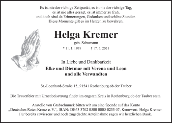 Traueranzeige von Helga Kremer von Rothenburg