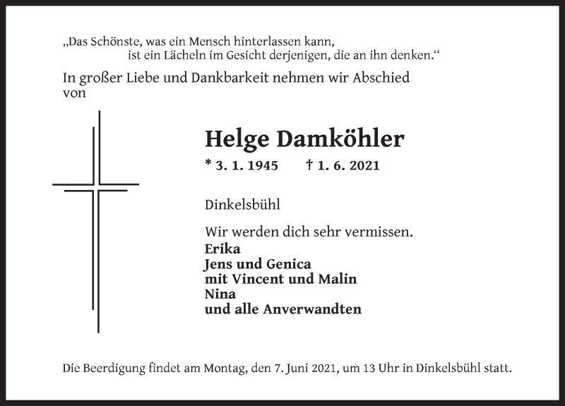 Traueranzeige für Helge Damköhler vom 05.06.2021 aus Dinkelsbühl/ Feuchtwangen