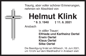 Traueranzeige von Helmut Klink von Ansbach