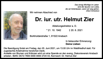 Traueranzeige von Helmut Zier von Ansbach