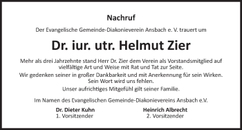 Traueranzeige von Helmut Zier von Ansbach