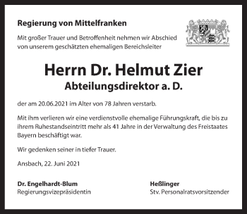 Traueranzeige von Helmut Zier von Ansbach