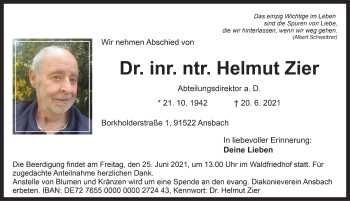 Traueranzeige von Helmut Zier von Ansbach