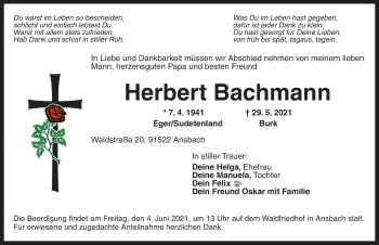 Traueranzeige von Herbert Bachmann von Ansbach