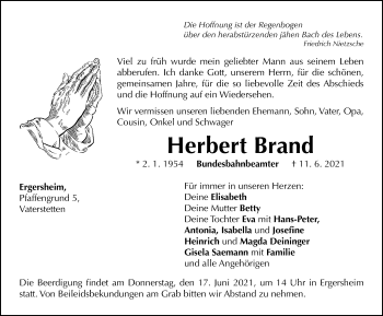 Traueranzeige von Herbert Brand von Neustadt/ Scheinfeld/ Uffenheim