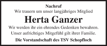 Traueranzeige von Herta Ganzer von Dinkelsbühl/ Feuchtwangen