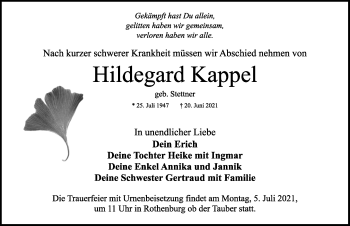 Traueranzeige von Hildegard Kappel von Fränkische Landeszeitung