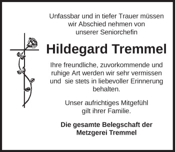 Traueranzeige von Hildegard Tremmel von Ansbach