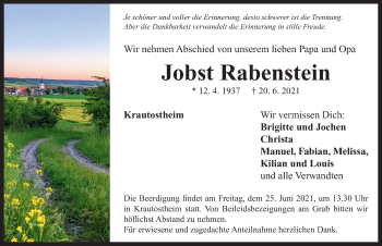 Traueranzeige von Jobst Rabenstein von Neustadt/ Scheinfeld/ Uffenheim