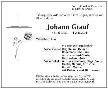 Traueranzeige von Johann Grauf von Ansbach