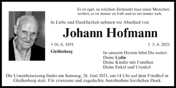 Traueranzeige von Johann Hofmann von Neustadt/ Scheinfeld/ Uffenheim