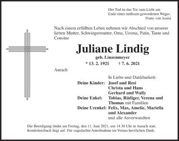 Traueranzeige von Juliane Lindig von Ansbach