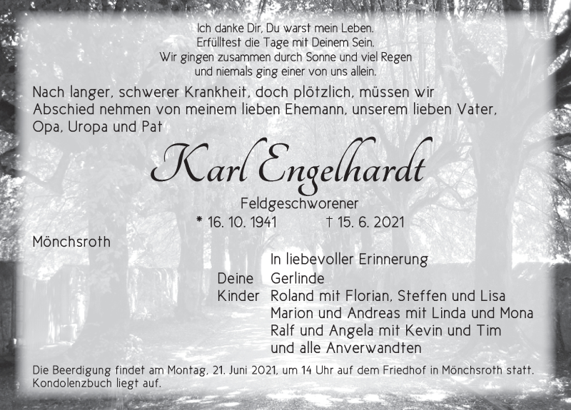  Traueranzeige für Karl Engelhardt vom 19.06.2021 aus Dinkelsbühl/ Feuchtwangen