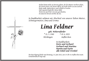 Traueranzeige von Lina Feldner von Dinkelsbühl/ Feuchtwangen