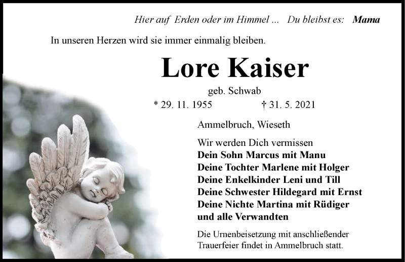  Traueranzeige für Lore Kaiser vom 05.06.2021 aus Dinkelsbühl/ Feuchtwangen