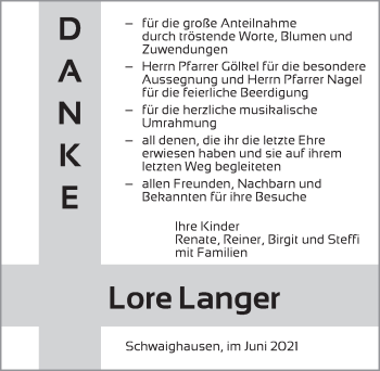 Traueranzeige von Lore Langer von Dinkelsbühl/ Feuchtwangen