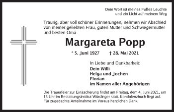 Traueranzeige von Margareta Popp von Ansbach