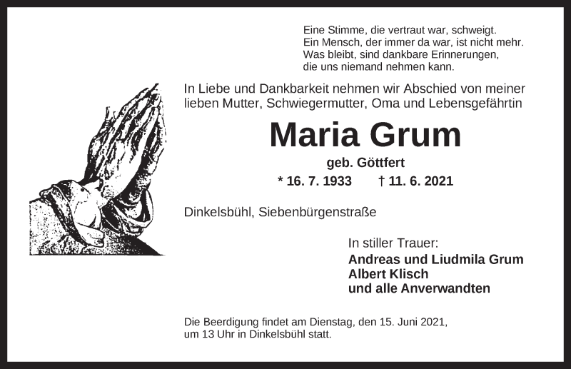  Traueranzeige für Maria Grum vom 14.06.2021 aus Dinkelsbühl/ Feuchtwangen