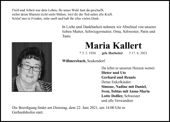 Traueranzeige von Maria Kallert von Neustadt/ Scheinfeld/ Uffenheim