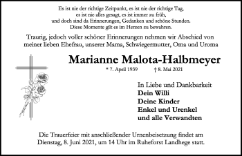 Traueranzeige von Marianne Malota-Halbmeyer von Rothenburg