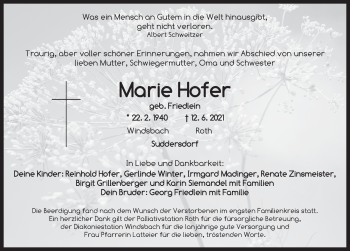 Traueranzeige von Marie Hofer von Ansbach