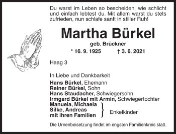 Traueranzeige von Martha Bürkel von Ansbach