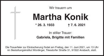 Traueranzeige von Martha Konik von Ansbach