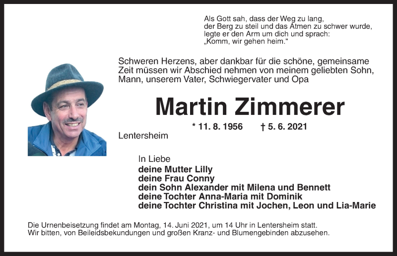  Traueranzeige für Martin Zimmerer vom 10.06.2021 aus Dinkelsbühl/ Feuchtwangen